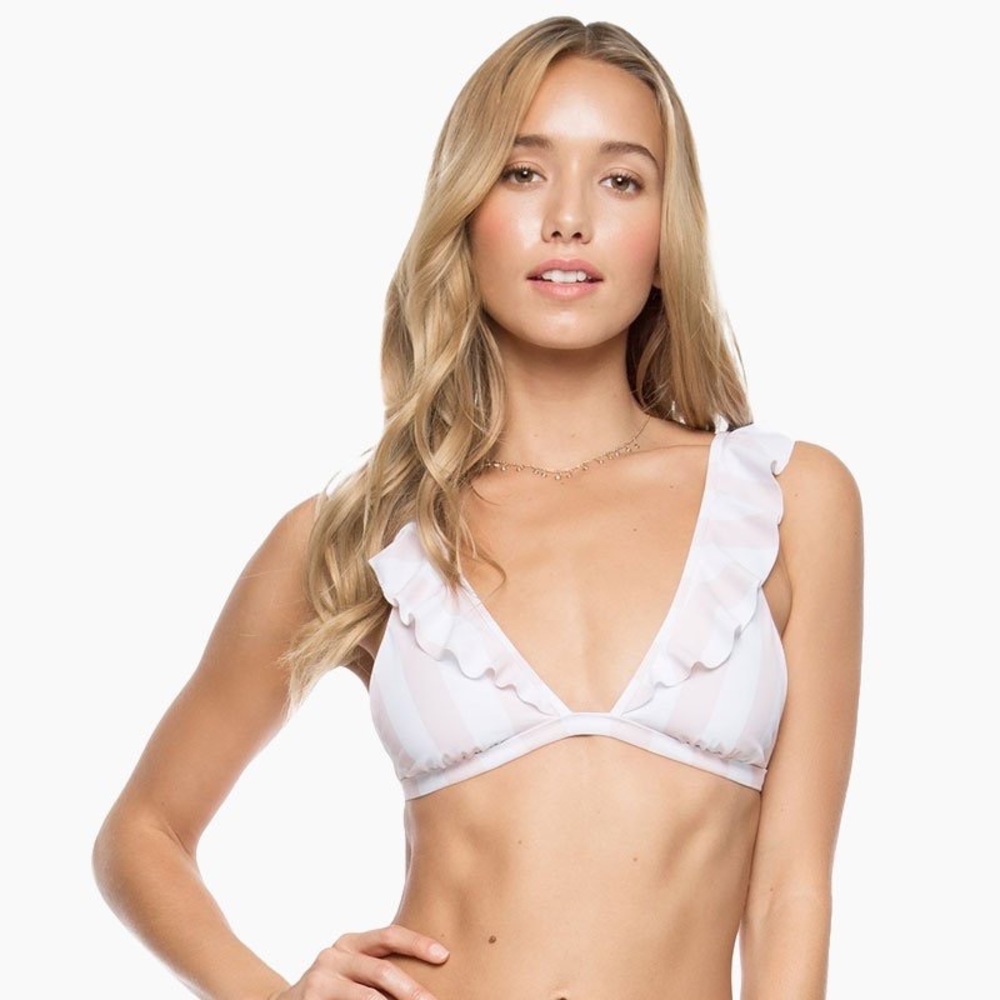 Tori Praver Adriana Bikini Top Medium Pink White Stripes Ruffle